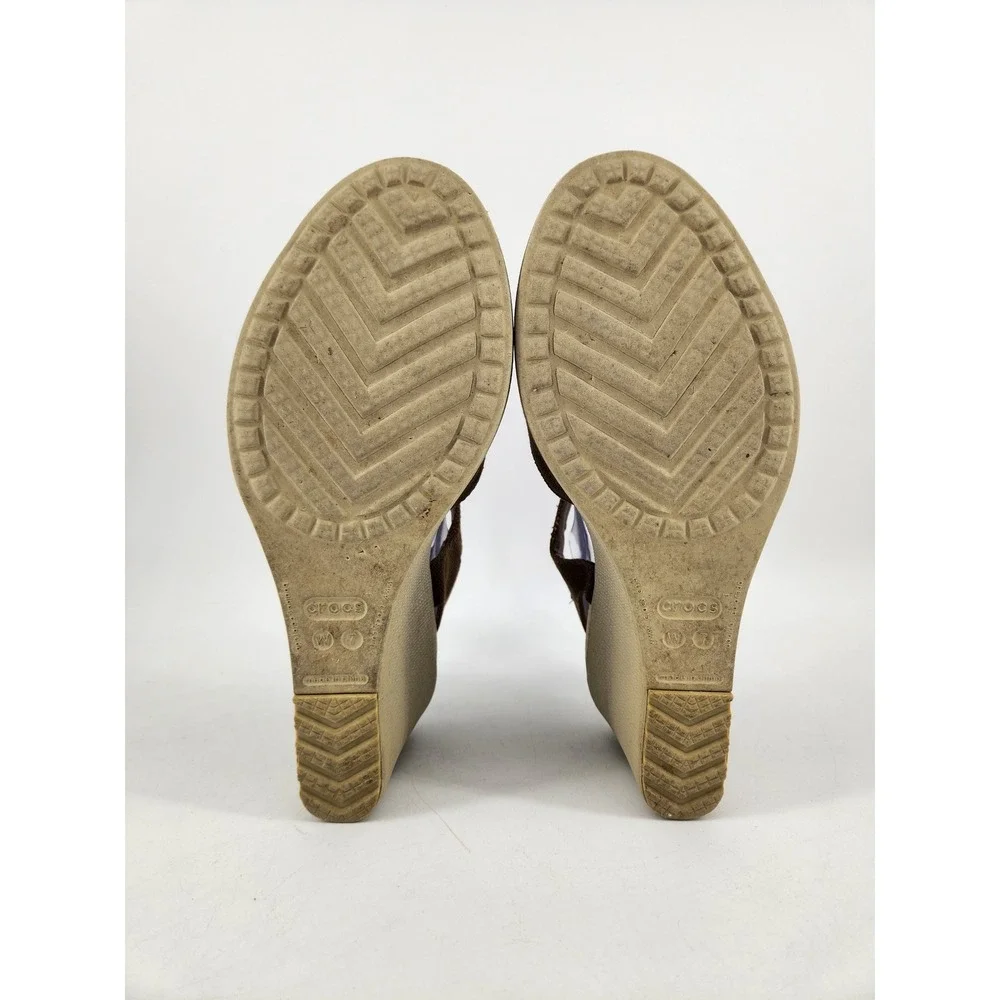 Crocs Hanalei Wedge Sandals Womens 7 Brown Canvas Ankle Strap Platform Peep Toe - Picture 11 of 12
